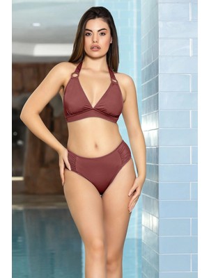 Kadın Gül Kurusu Halka Detaylı Boyundan Bağlamalı  Astarlı Büyük Üçgen Bikini Takım HZL24S-AR1763