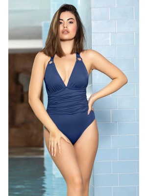 Kadın Lacivert Halka Detaylı Büzgülü Boyundan Bağlamalı Astarlı Yüzücü Mayo HZL24S-AR1825