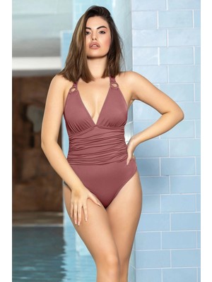 Kadın Gül Kurusu Halka Detaylı Büzgülü Boyundan Bağlamalı Astarlı Yüzücü Mayo HZL24S-AR1825