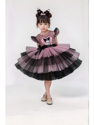 Abiye Kids Kuromi Parti Kıyafeti Abiye Elbisesi Kloş Silüet Pembe Renk Doğum Günü İçin Şık Tasarım