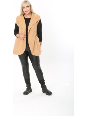 Kısmet Sepeti Kadın Peluş Welsoft Kapüşonlu Bej Yelek