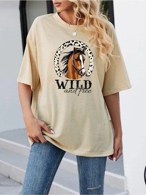 Woodroffe Kadın / Kız Bej Oversize T-Shirt Wild Baskılı