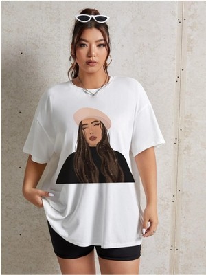 Woodroffe Brown Hair Woman Baskılı Kadın / Kız Oversize Beyaz Salas T-Shirt Boyfriend