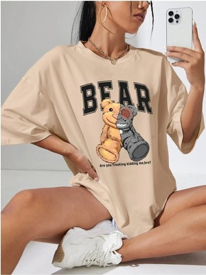 Woodroffe Bro Bear Baskılı Kadın / Kız Oversize Bej Salas T-Shirt Boyfriend