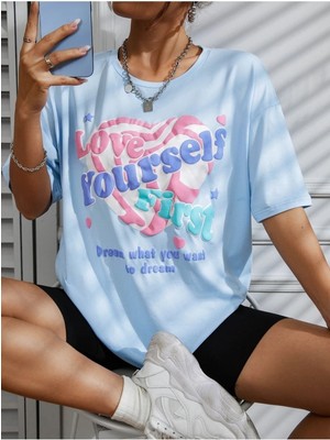 Woodroffe Kadın / Kız Love Yourself Baskılı Bebek Mavisi Oversize T-Shirt Salaş Boyfirend