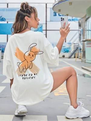 Woodroffe Kadın / Kız Siyah Oversize T-Shirt Learn To Be Positive Baskılı