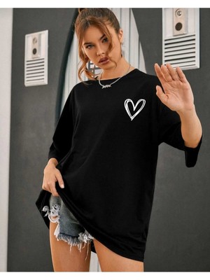 Woodroffe Tiny Heart Baskılı Kadın Oversize Salas T-Shirt Boyfriend