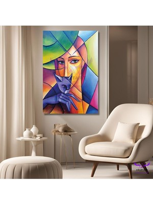 Abart Art Tekli Dikey Kanvas Şık Salon ve Ofis Tablosu Kübizm Tarzı Kadın ve Kedi