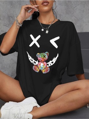 Woodroffe Kadın / Kız Siyah Oversize T-Shirt Gülen Ayı Baskılı