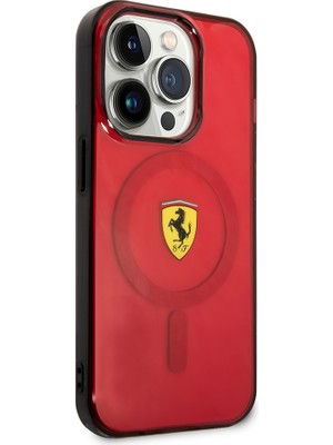iPhone 14 Pro Max Kılıf Ferrari Magsafe Şarj Özellikli Yarı Transparan Dizayn Kapak Kırmızı