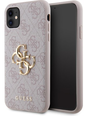 Guess iPhone 11 Kılıf Pu Deri Büyük Metal Logo Dizaynlı Kapak Pembe