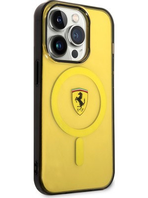 iPhone 14 Pro Max Kılıf Ferrari Magsafe Şarj Özellikli Yarı Transparan Dizayn Kapak Sarı