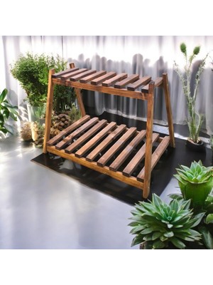 Kapella 2 Katlı Ahşap Bahçe Mobilyası Sehpa Çiçeklik Saksılık 2 Raflı Masif Koyu Naturel