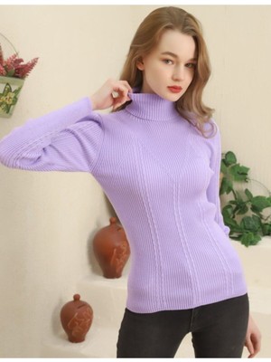 Vegenze Kadın Lila Balıkçı Yaka Fitilli Saç Örgü Desenli Triko Kazak