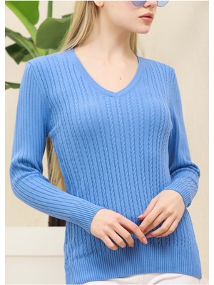 Vegenze Kadın Indigo Saç Örgü Desen Esnek Yumuşak V Yaka Triko Kazak