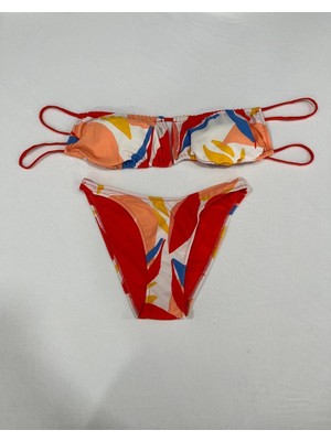 Kadın Çok Renkli Tropikal Desenli Astarlı Straplez Bikini Takım HZL25S-AR1666