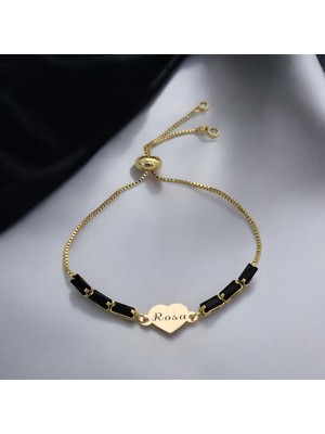 Archin Kalp Motifli ve Zarif Siyah Taşlı 14  Ayar Altın Plakalı İsim Desenli Bileklik