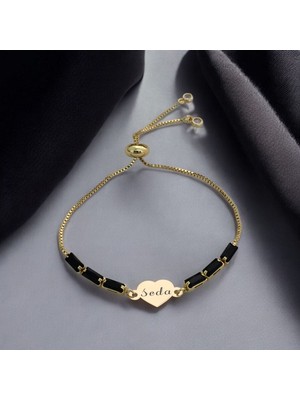 Archin Kalp Motifli ve Zarif Siyah Taşlı 14  Ayar Altın Plakalı İsim Desenli Bileklik