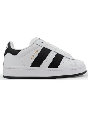 Cool Spor Ayakkabı Beyaz - Siyah Microfiber Malzemeden Düz Tabanlı Sneaker