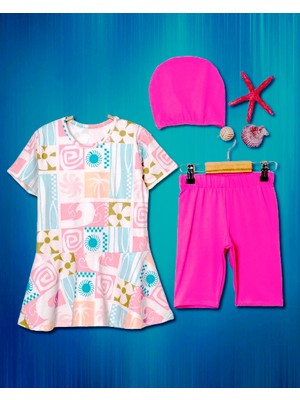 Valon Etekli Şortlu Boneli Kız Çocuk Mayo 3'lü Set