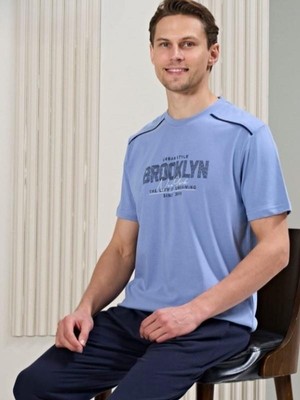 Erkek Sıfır Yaka Kısa Kollu Pijama Takımı