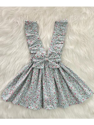 Eylülce Butik Kız Çocuk Mavi Çiçekli Fiyonklu Fırfır Askılı Salopet Elbise (%100 Pamuk Kumaştan Üretilmiştir.)