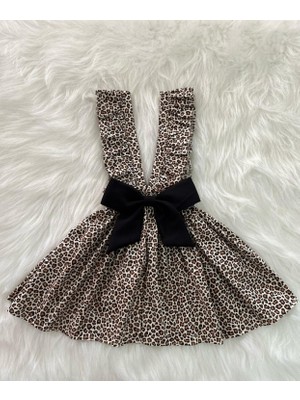 Eylülce Butik Kız Çocuk Leopar Fiyonklu Fırfır Askılı Salopet Elbise (Kumaştan Üretilmiştir.)