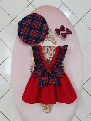 Kırmızı Ekoseli Fırfır Askılı Salopet & Şapka & Toka Takım