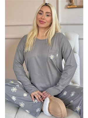 Gri Papatya Desenli Bambu Uzun Kol Kadın Pijama Takımı