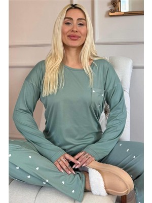 Yeşil Kalp Desenli Bambu Uzun Kol Kadın Pijama Takımı