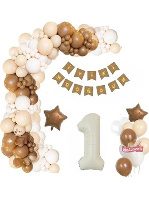 Bkmc 1 Yaş Krem Kraft Doğum Günü Seti Kahve Beyaz Renkli 34'' Rakam Folyo Balon ile