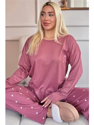 Pudra Kalp Desenli Bambu Uzun Kol Kadın Pijama Takımı