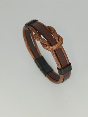 Dezury Kahverengi Taba Deri Bileklik Bağlılık Düğümlü Düz Ip Nikel Klips Erkek Large