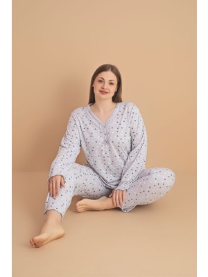 Temporium Kadın Büyük Beden Desenli Yakası Düğmeli Uzun Kollu Bambu Pijama Takımı