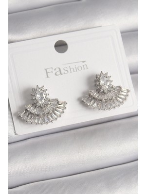 Angel Of Life Pirinç Gümüş Renk Zirkon Taşlı Yelpaze Model Kadın Küpe - TJ-BKP9916