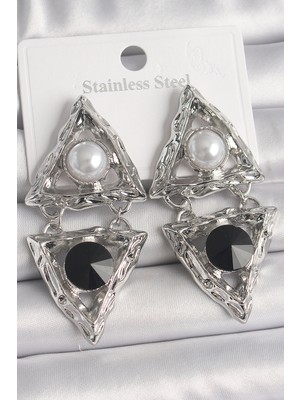 Angel Of Life Pirinç Gümüş Renk Sallantı Üçgen Model Inci Detay Kadın Küpe - TJ-BKP10089