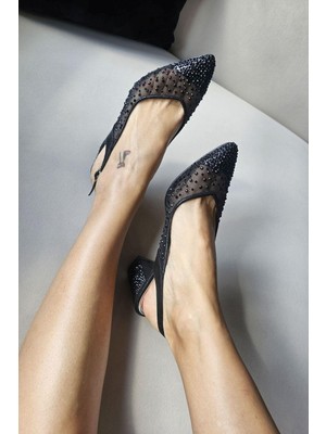 Topukla  135 6564 Kadın Tül Taşlı 6 cm Kalın Topuklu Abiye Ayakkabı