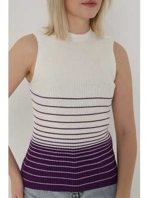 Vegenze Kadın Ekru Mor Çizgili Sıfır Kol Triko Body Kazak