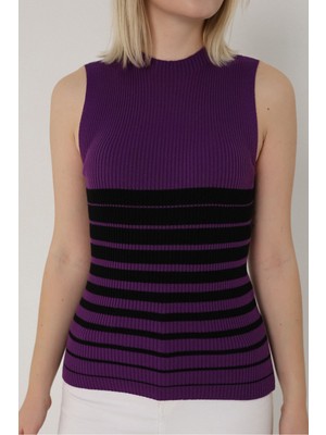 Vegenze Kadın Mor Siyah Çizgili Sıfır Kol Triko Body Kazak