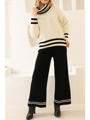 Vegenze Kadın Krem Siyah Çizgili Degaje Yaka Oversize Kazak Pantolon Ikili Takım