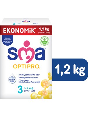 SMA Optipro 3 Toz Devam Sütü 1200 gr (2x600g) 1-3 Yaş İçin Sütlü Besin