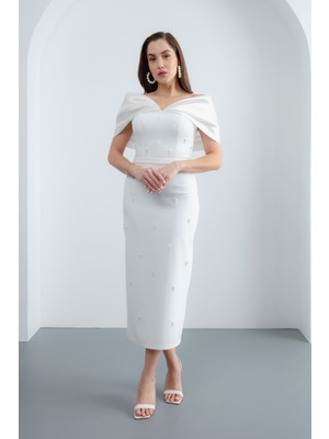 Lafaba Kadın Beyaz Kayık Yaka Incili Abiye Elbise Söz Nişan Nikah İçin Şık Midi Stil
