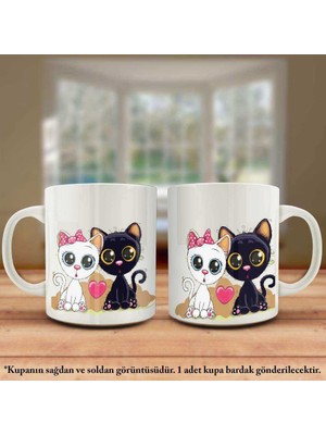 Asilmeydan Çift Yön Renkli Baskılı Sevimli İki Kedi -Kalp - Karikatür Kupa Bardak