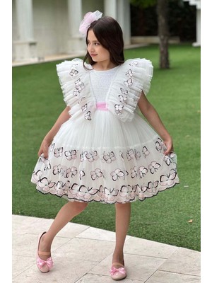 Kız Çocuk Sıfır Kol Omzu Fırfırlı Üzeri Kelebek Desenleri Eteği Tüllü Beyaz Abiye
