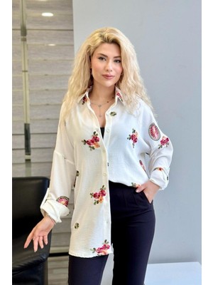 Azıcık Akıllı Kadın Siyah Nalış Işlemeli Oversize Rahat Kalıp Keten Aerobin Gömlek 25KGMLP028