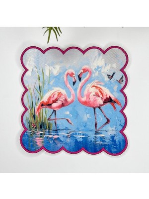 Decofav Yağlıboya Romantik Flamingolar Tasarımlı Nakış Kenar Kumaş Kokteyl Peçetesi 1 Adet