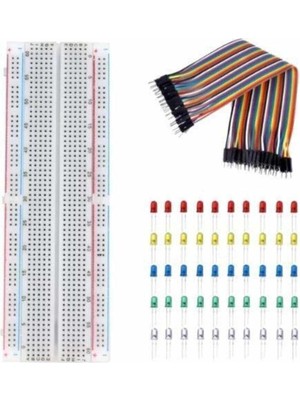 Arduino Kids Maker 3'lü Set 830 Pin Breadboard 40 Pin Erkek-Erkek Jumper Kablo 50 Adet 5mm LED ( 5 Renk )