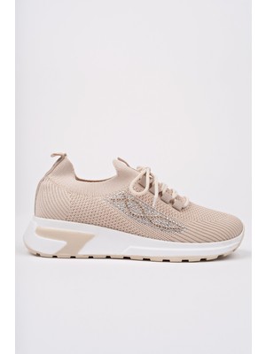Muggo Martha Kadın Kalın Taban Günlük Triko Taşlı Bağcıklı Sneaker Spor Ayakkabı