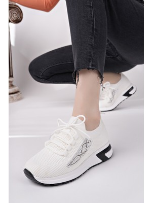 Muggo Martha Kadın Kalın Taban Günlük Triko Taşlı Bağcıklı Sneaker Spor Ayakkabı