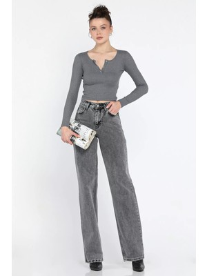 Gülseli Kadın Bol Paça Yüksek Bel Jean Kot Pantolon